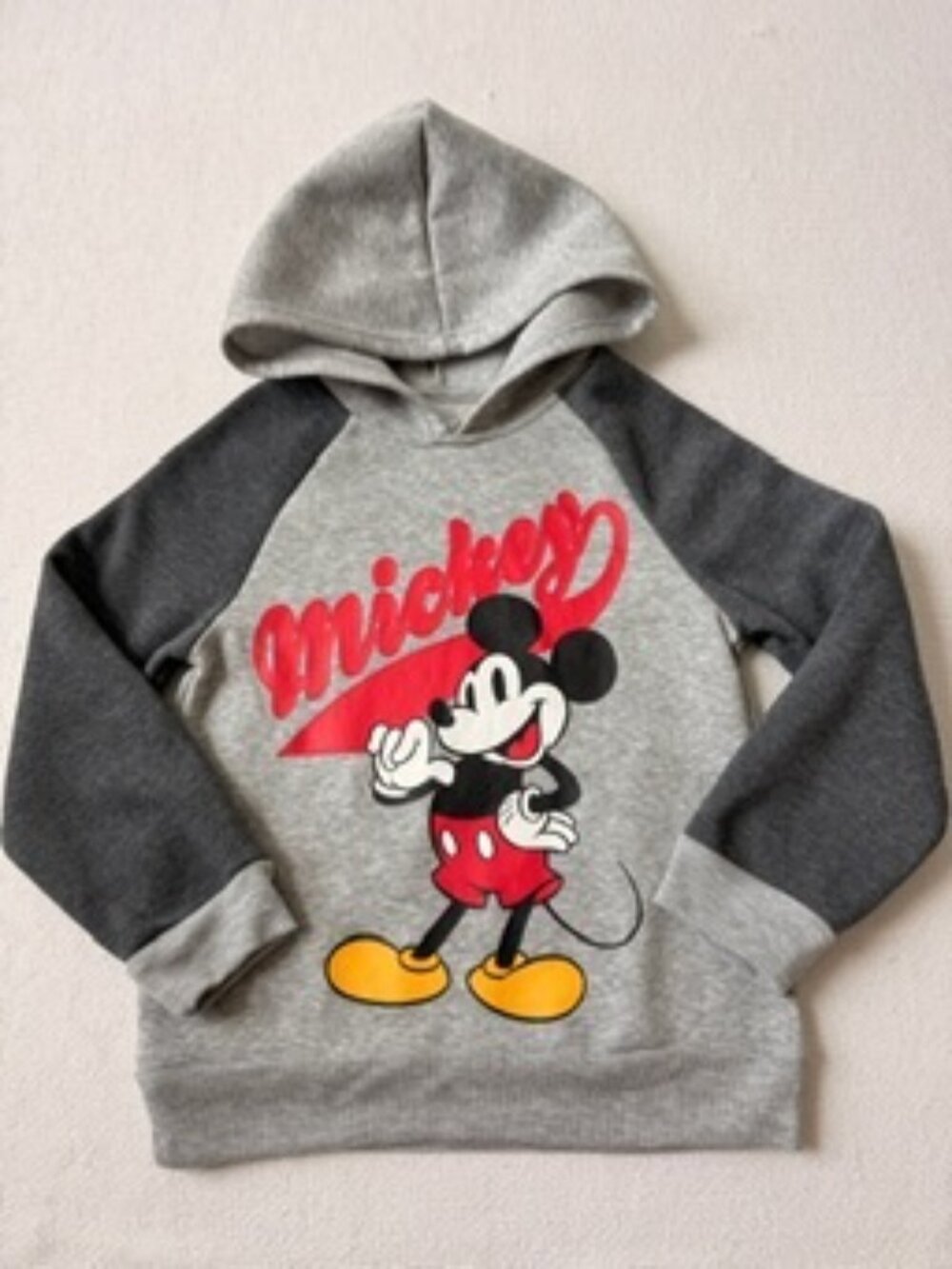 Disney Mickey Mouse Hoodie Boys Size 6 Gray Fleece Pullover Sweatshirt EUC